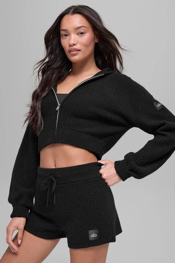 Felpa con cappuccio in cashmere morbido a trama waffle con zip integrale - Nero