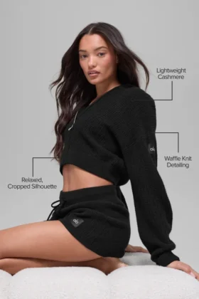 Felpa con cappuccio in cashmere morbido a trama waffle con zip integrale – Nero