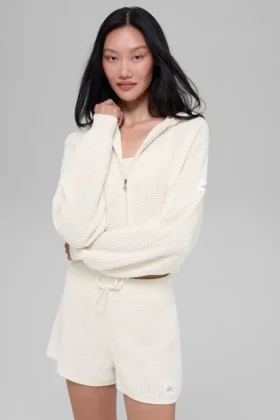 Felpa con cappuccio in cashmere Plush Waffle con zip integrale - Avorio