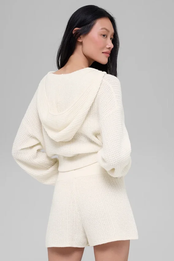Felpa con cappuccio in cashmere Plush Waffle con zip integrale - Avorio