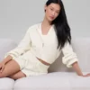 Felpa con cappuccio in cashmere Plush Waffle con zip integrale - Avorio