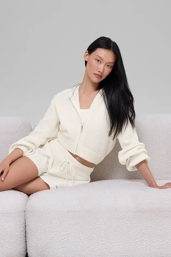 Felpa con cappuccio in cashmere Plush Waffle con zip integrale - Avorio