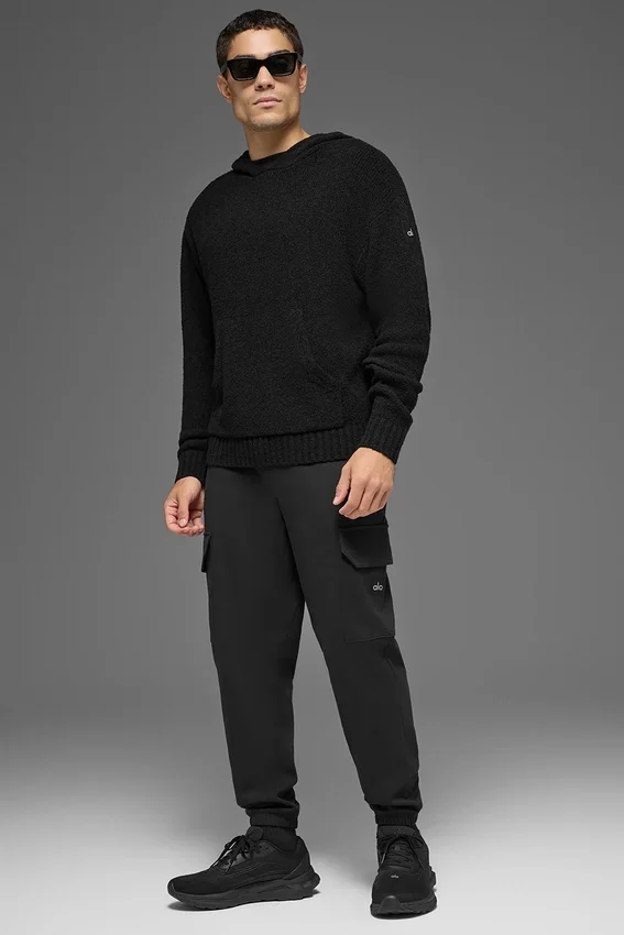 Felpa con cappuccio in maglia testurizzata - Nero