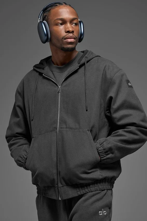 Felpa con cappuccio in tela di cotone con zip integrale - Anthracite