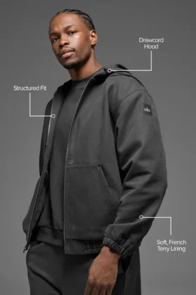 Felpa con cappuccio in tela di cotone con zip integrale – Anthracite