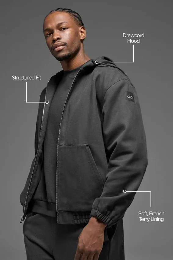 Felpa con cappuccio in tela di cotone con zip integrale - Anthracite