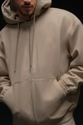 Felpa con cappuccio in tela di cotone con zip integrale - Gravel
