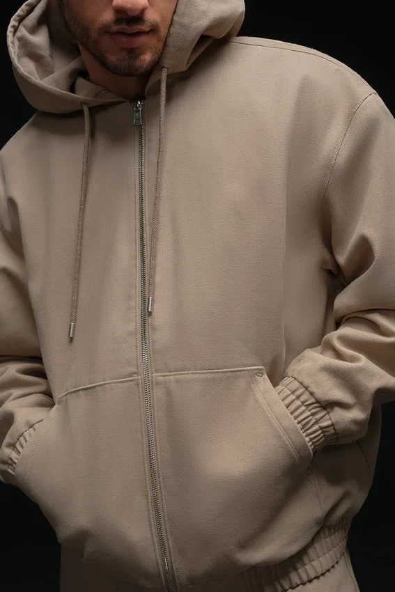 Felpa con cappuccio in tela di cotone con zip integrale - Gravel