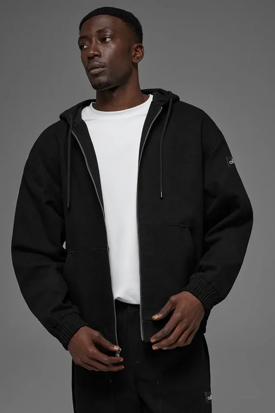 Felpa con cappuccio in tela di cotone con zip integrale - Nero