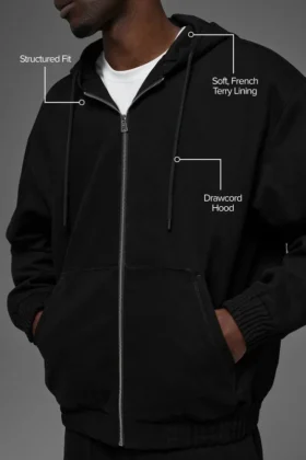Felpa con cappuccio in tela di cotone con zip integrale – Nero