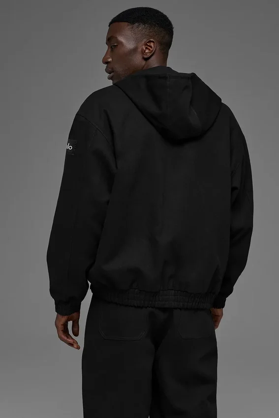 Felpa con cappuccio in tela di cotone con zip integrale - Nero