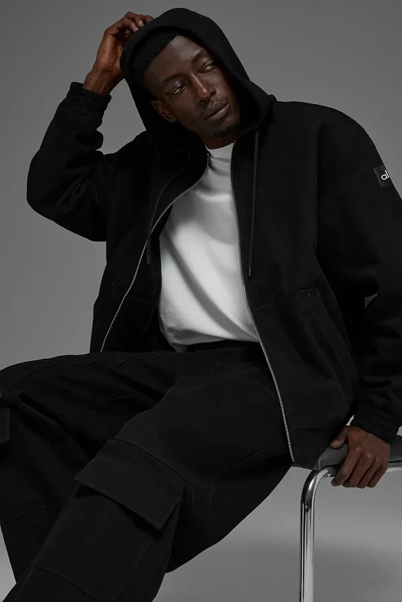 Felpa con cappuccio in tela di cotone con zip integrale - Nero