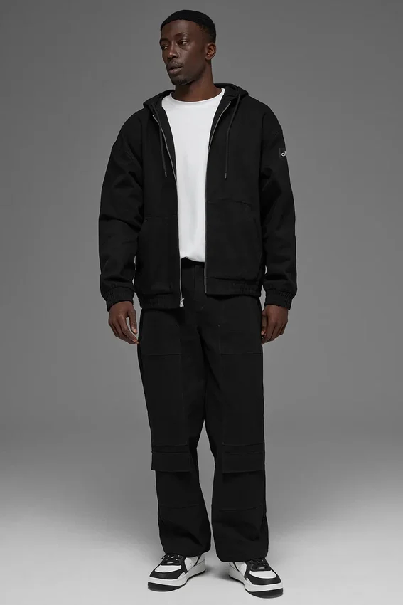 Felpa con cappuccio in tela di cotone con zip integrale - Nero