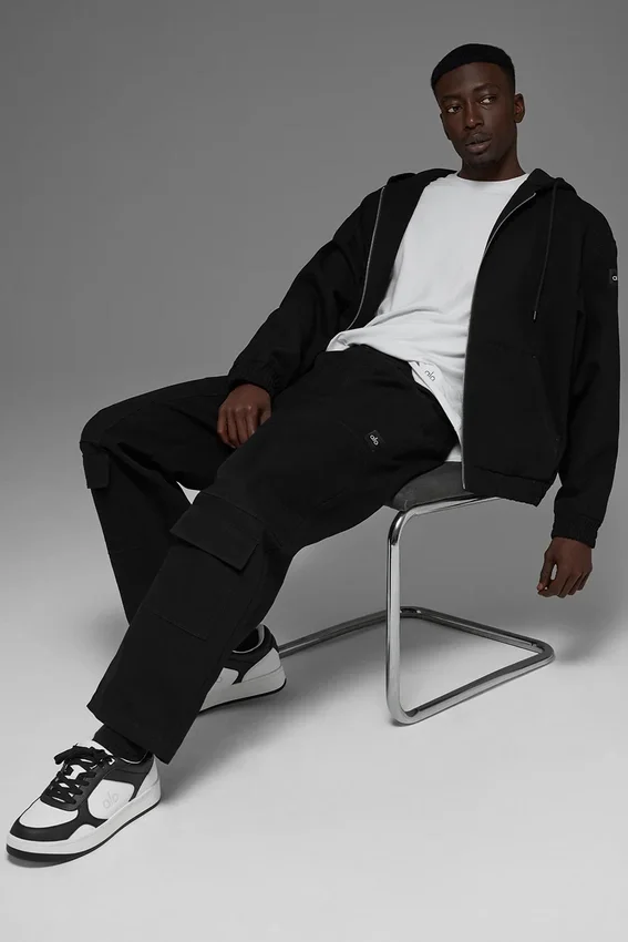 Felpa con cappuccio in tela di cotone con zip integrale - Nero