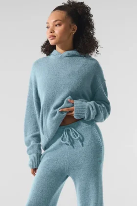 Felpa con cappuccio New Class in lana e cashmere - Blu celeste granito melange
