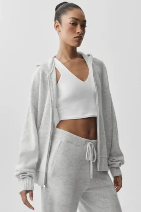 Felpa con cappuccio New Class in lana e cashmere con zip integrale - Bianco melange