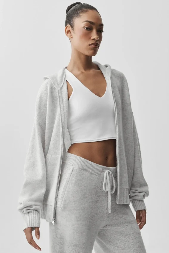 Felpa con cappuccio New Class in lana e cashmere con zip integrale - Bianco melange