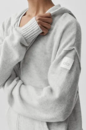 Felpa con cappuccio New Class in lana e cashmere con zip integrale – Bianco melange