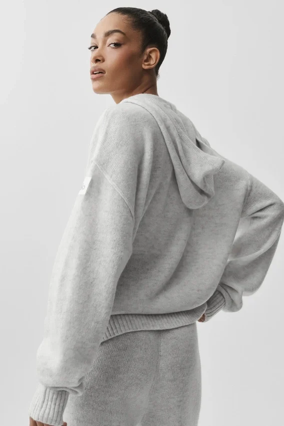 Felpa con cappuccio New Class in lana e cashmere con zip integrale - Bianco melange