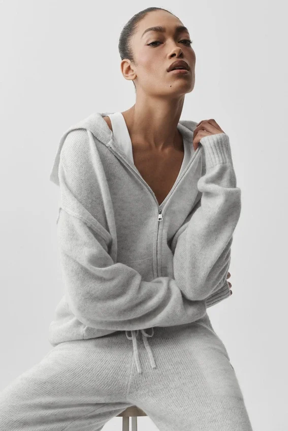 Felpa con cappuccio New Class in lana e cashmere con zip integrale - Bianco melange