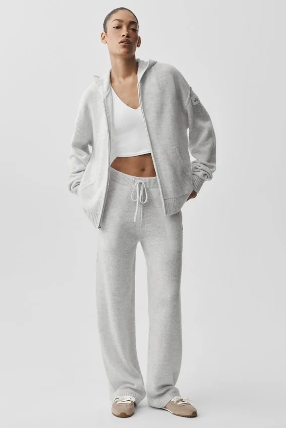 Felpa con cappuccio New Class in lana e cashmere con zip integrale - Bianco melange