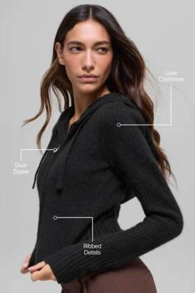Felpa con cappuccio Noble a costine in lana e cashmere con zip integrale – Nero