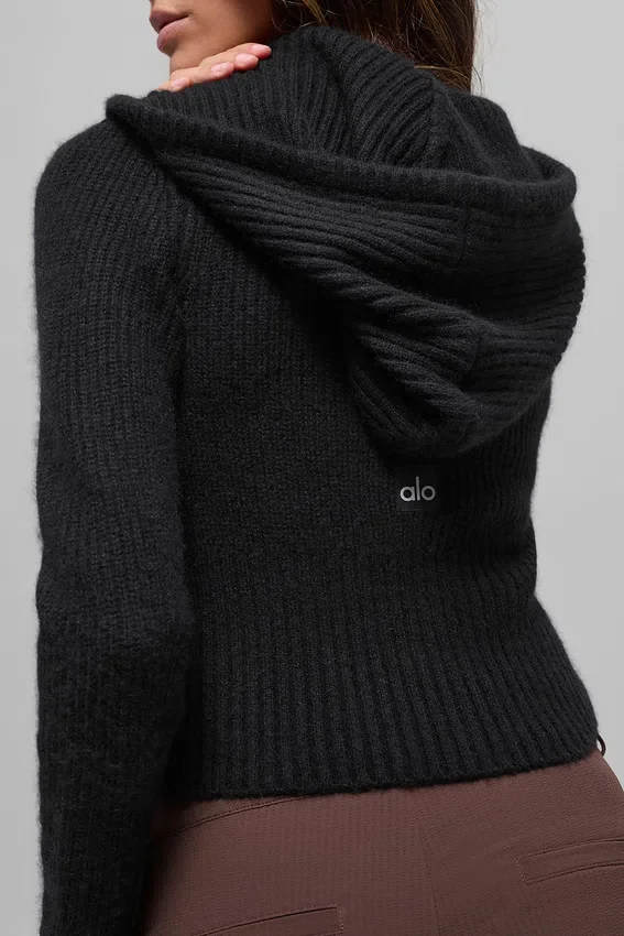 Felpa con cappuccio Noble a costine in lana e cashmere con zip integrale - Nero