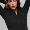 Felpa con cappuccio Noble a costine in lana e cashmere con zip integrale - Nero
