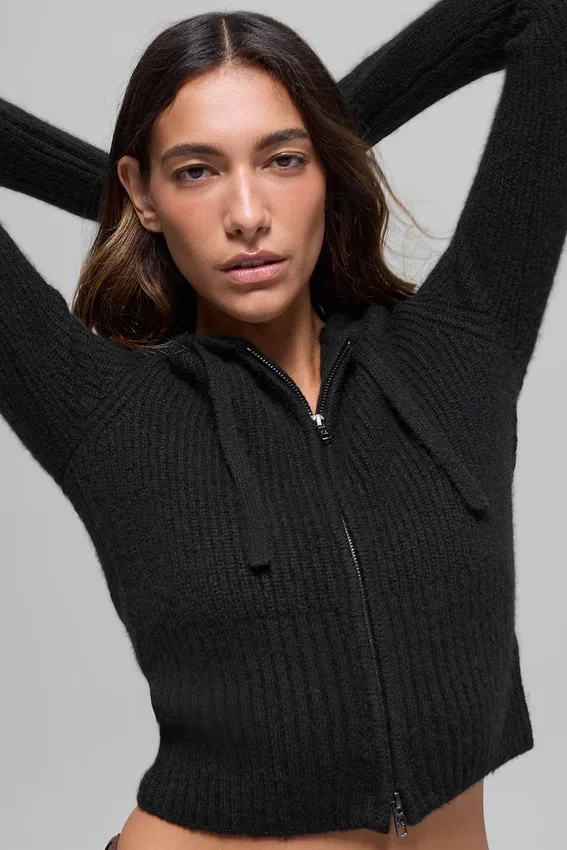 Felpa con cappuccio Noble a costine in lana e cashmere con zip integrale - Nero