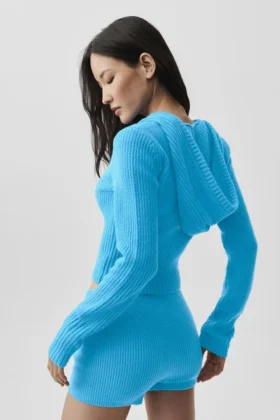 Felpa con cappuccio Noble a zip integrale in misto lana e cashmere a costine – Blu azzurro