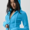 Felpa con cappuccio Noble a zip integrale in misto lana e cashmere a costine - Blu azzurro