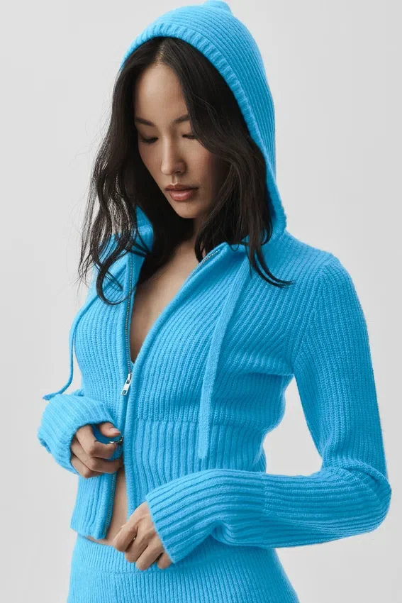 Felpa con cappuccio Noble a zip integrale in misto lana e cashmere a costine - Blu azzurro