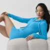 Felpa con cappuccio Noble a zip integrale in misto lana e cashmere a costine - Blu azzurro