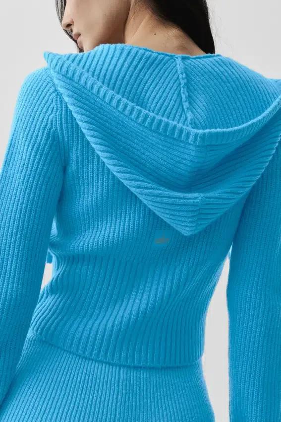 Felpa con cappuccio Noble a zip integrale in misto lana e cashmere a costine - Blu azzurro