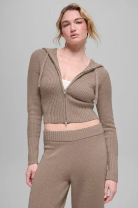 Felpa con cappuccio Noble a zip integrale in misto lana e cashmere a costine - Chai Latte