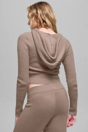 Felpa con cappuccio Noble a zip integrale in misto lana e cashmere a costine – Chai Latte