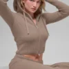 Felpa con cappuccio Noble a zip integrale in misto lana e cashmere a costine - Chai Latte