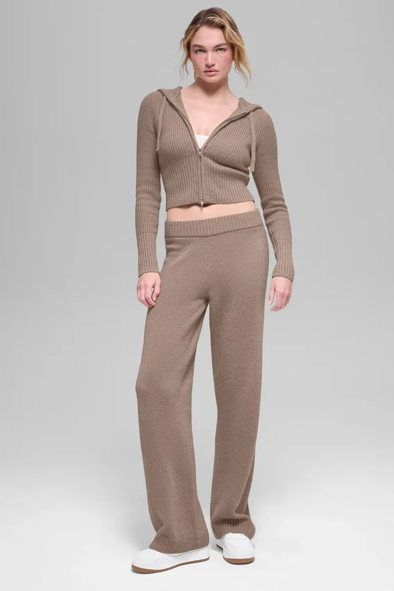 Felpa con cappuccio Noble a zip integrale in misto lana e cashmere a costine - Chai Latte