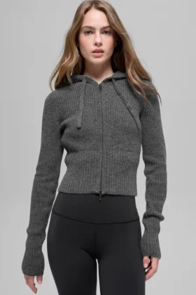 Felpa con cappuccio Noble a zip integrale in misto lana e cashmere a costine - Grigio platino