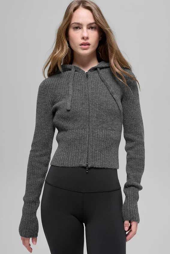 Felpa con cappuccio Noble a zip integrale in misto lana e cashmere a costine - Grigio platino