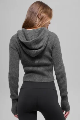 Felpa con cappuccio Noble a zip integrale in misto lana e cashmere a costine – Grigio platino