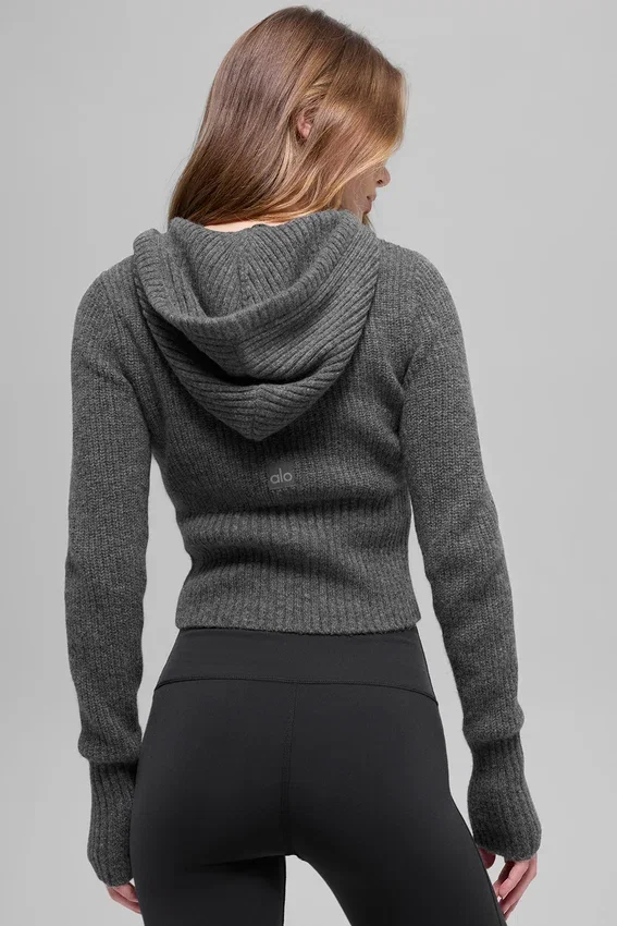 Felpa con cappuccio Noble a zip integrale in misto lana e cashmere a costine - Grigio platino
