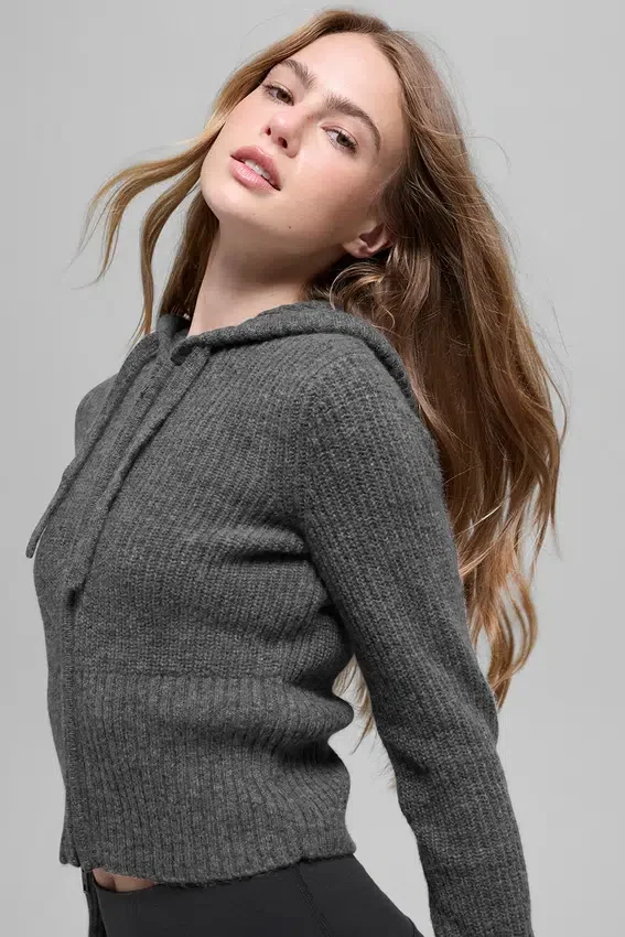 Felpa con cappuccio Noble a zip integrale in misto lana e cashmere a costine - Grigio platino