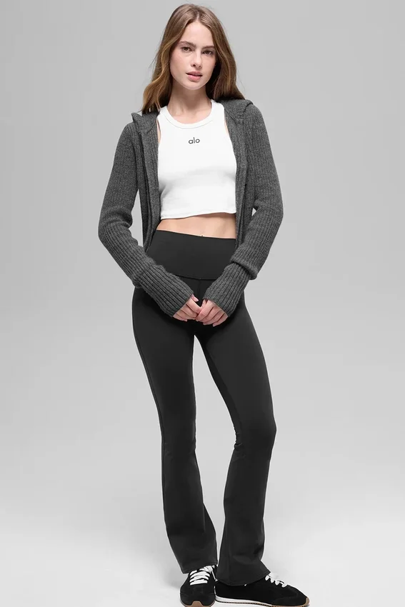 Felpa con cappuccio Noble a zip integrale in misto lana e cashmere a costine - Grigio platino