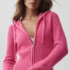 Felpa con cappuccio Noble a zip integrale in misto lana e cashmere a costine - Rosa Paradiso