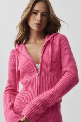 Felpa con cappuccio Noble a zip integrale in misto lana e cashmere a costine – Rosa Paradiso
