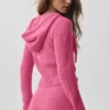 Felpa con cappuccio Noble a zip integrale in misto lana e cashmere a costine - Rosa Paradiso