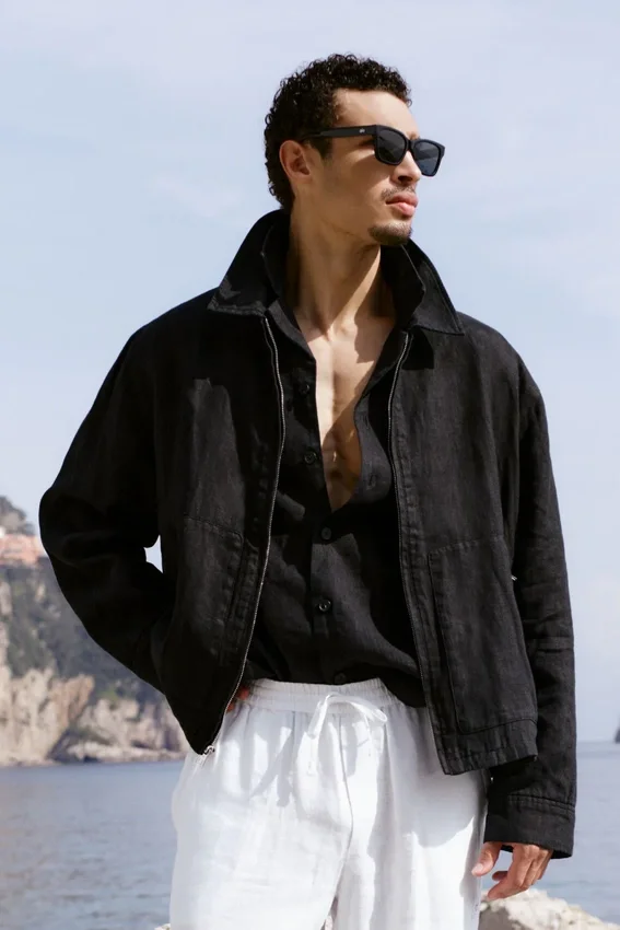 Giacca con zip integrale Linen Days - Nero