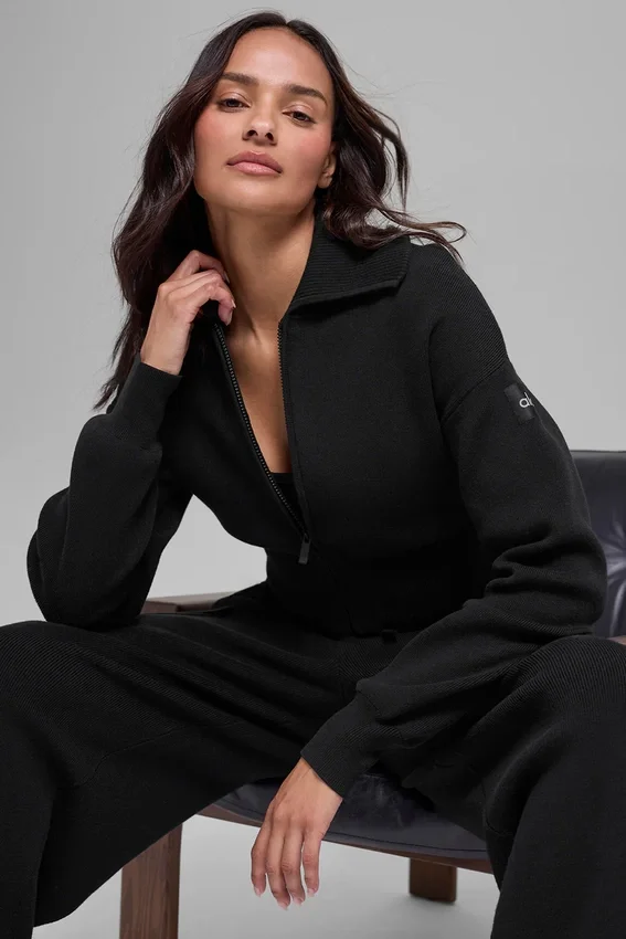 Giacca corta con zip integrale in maglia Scholar - Nero