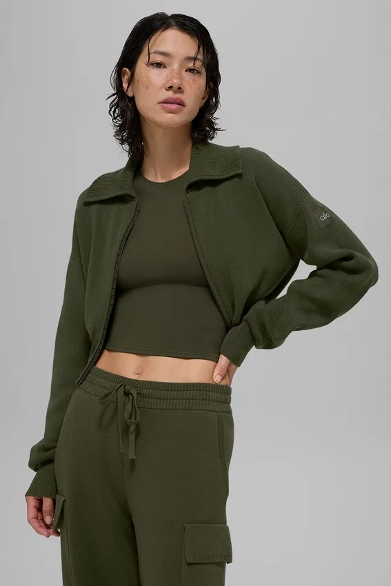 Giacca corta con zip integrale in maglia Scholar - Verde oliva